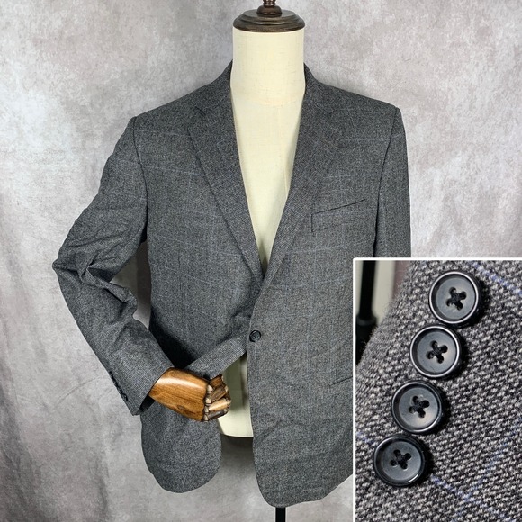 Brooks Brothers Cashmere Blazer Men 43R Gray Windowpane Fitzgerald E Thomas Wool